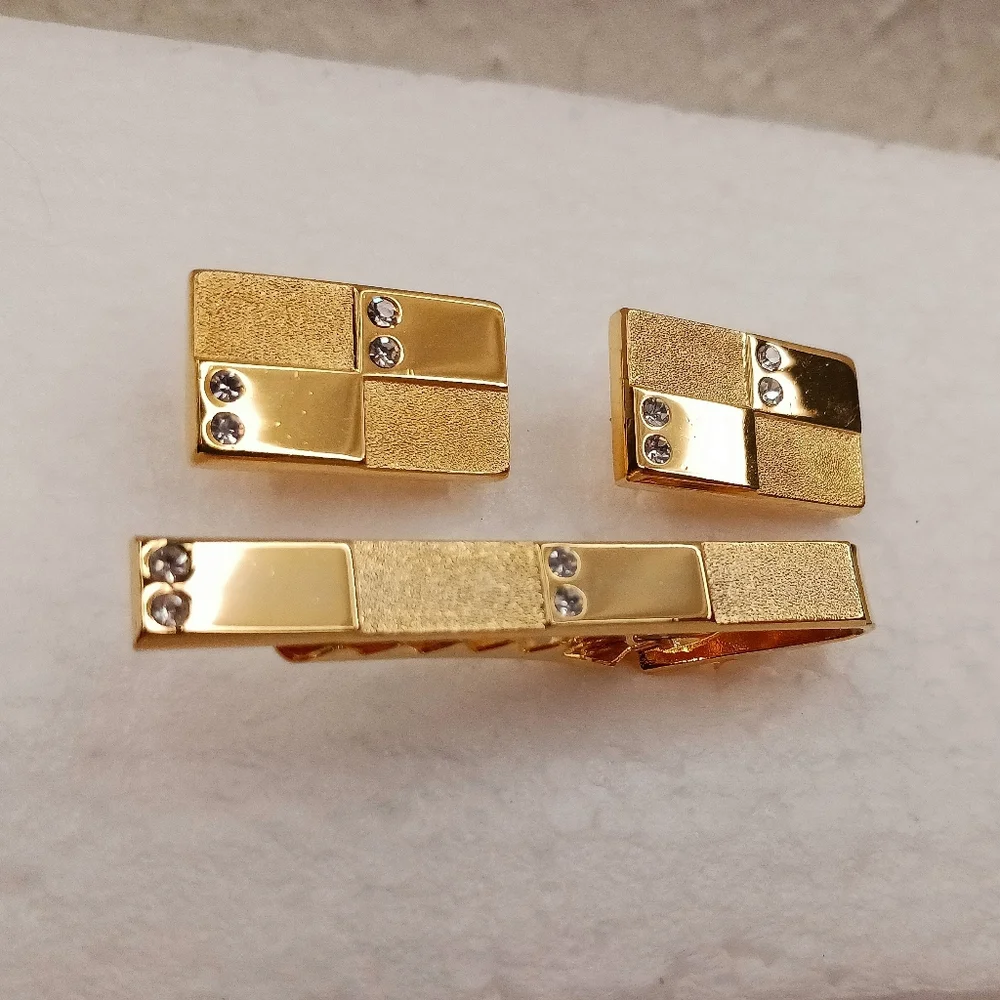 Tie Clip Bar, Cufflinks, Textured Gold Crystals Vintage Space Age Classic